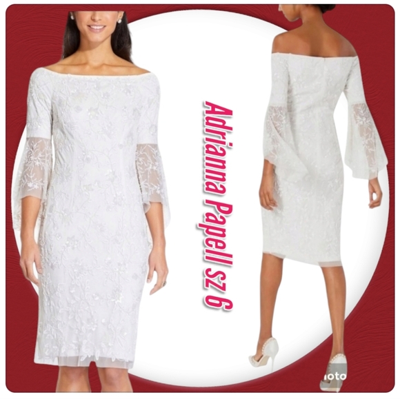 Adrianna Papell Woman Dress Off Shoulder Bell Sleeve Ivory Cocktail Bridal Midi - Picture 1 of 15